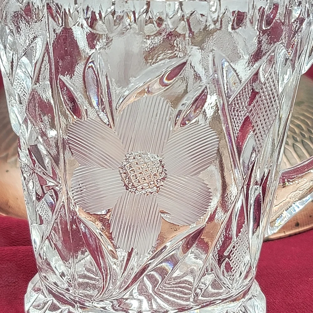 Pressed Crystal Creamer Sugar Bowl Lid Tray Floral Daisy Diamond Pattern Vintage